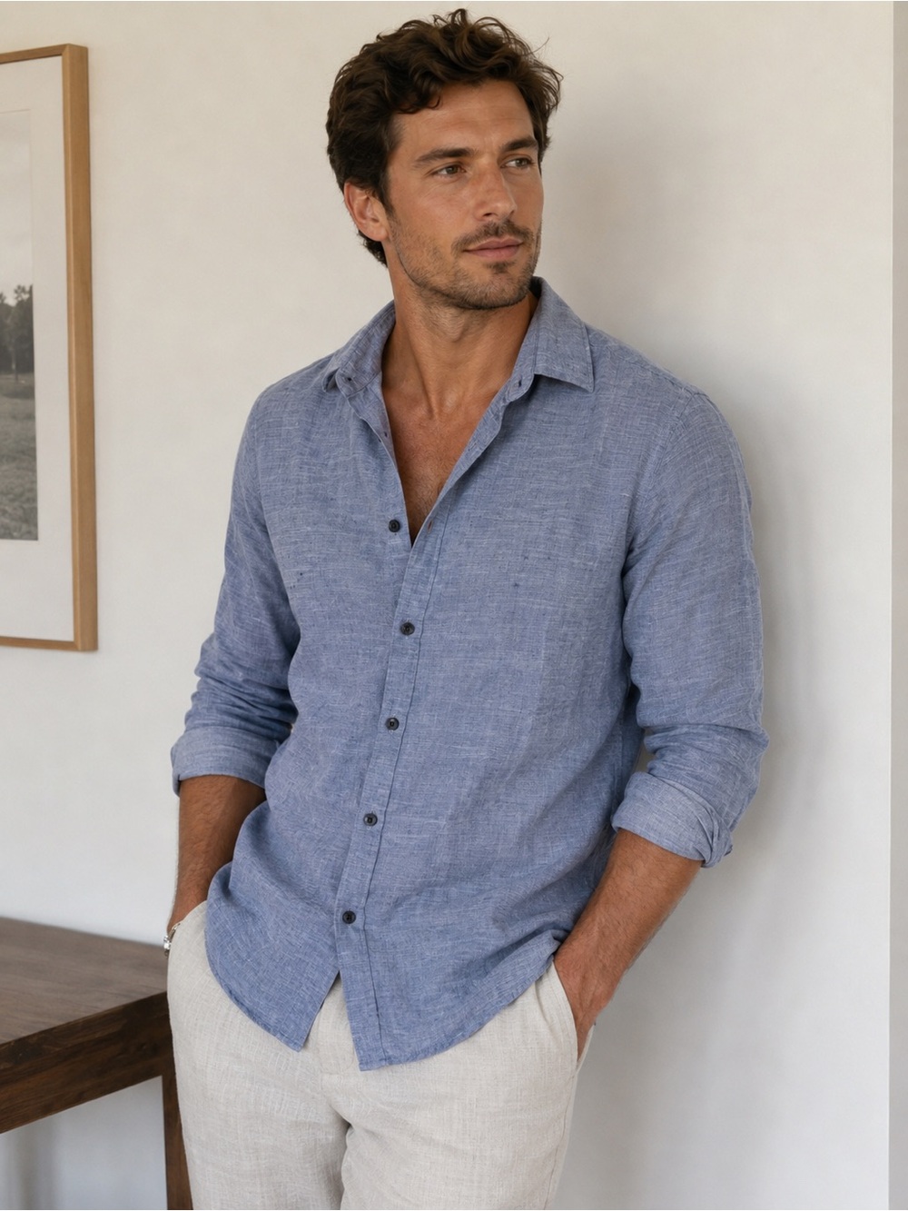 Theory Men's Blue Casual Button-Down Linen button down shirt L